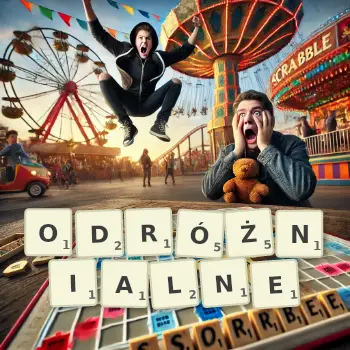 Kreatywna ilustracja do gry w Scrabble ze słowem ODRÓŻNIALNE ułożonym z płytek na planszy.