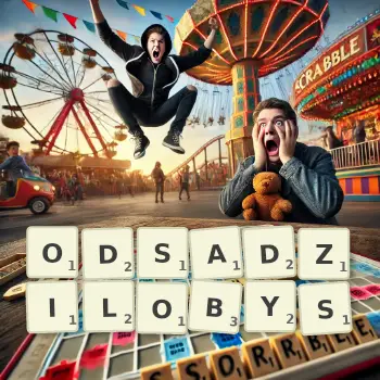 Kreatywna ilustracja do gry w Scrabble ze słowem ODSADZILOBYS ułożonym z płytek na planszy.