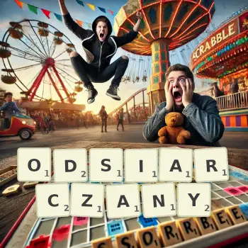 Kreatywna ilustracja do gry w Scrabble ze słowem ODSIARCZANY ułożonym z płytek na planszy.