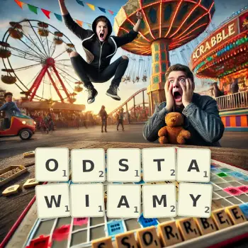 Kreatywna ilustracja do gry w Scrabble ze słowem ODSTAWIAMY ułożonym z płytek na planszy.