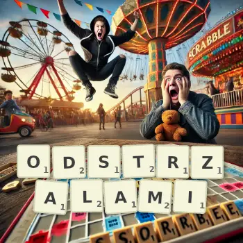 Kreatywna ilustracja do gry w Scrabble ze słowem ODSTRZALAMI ułożonym z płytek na planszy.