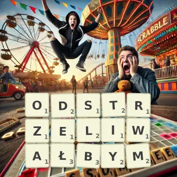 Kreatywna ilustracja do gry w Scrabble ze słowem ODSTRZELIWAŁBYM ułożonym z płytek na planszy.