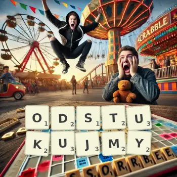 Kreatywna ilustracja do gry w Scrabble ze słowem ODSTUKUJMY ułożonym z płytek na planszy.