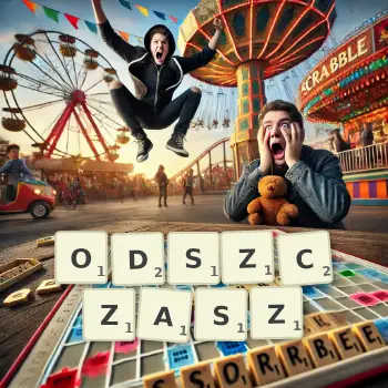 Kreatywna ilustracja do gry w Scrabble ze słowem ODSZCZASZ ułożonym z płytek na planszy.