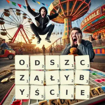 Kreatywna ilustracja do gry w Scrabble ze słowem ODSZCZAŁYBYŚCIE ułożonym z płytek na planszy.