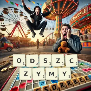 Kreatywna ilustracja do gry w Scrabble ze słowem ODSZCZYMY ułożonym z płytek na planszy.