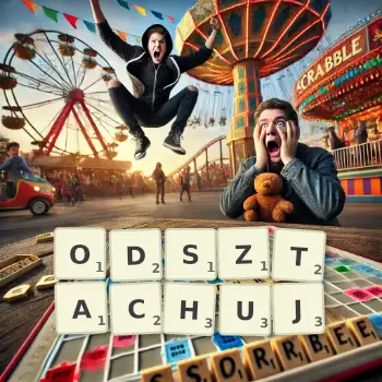 Kreatywna ilustracja do gry w Scrabble ze słowem ODSZTACHUJ ułożonym z płytek na planszy.