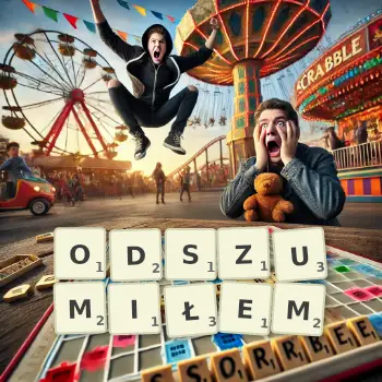 Kreatywna ilustracja do gry w Scrabble ze słowem ODSZUMIŁEM ułożonym z płytek na planszy.