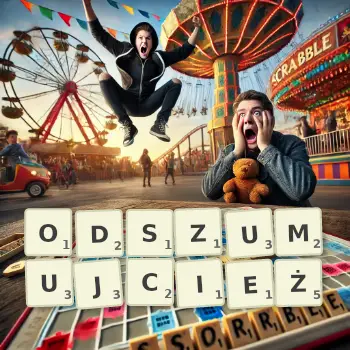Kreatywna ilustracja do gry w Scrabble ze słowem ODSZUMUJCIEŻ ułożonym z płytek na planszy.