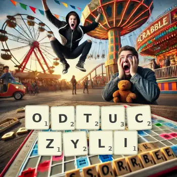 Kreatywna ilustracja do gry w Scrabble ze słowem ODTUCZYLI ułożonym z płytek na planszy.