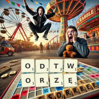 Kreatywna ilustracja do gry w Scrabble ze słowem ODTWORZĘ ułożonym z płytek na planszy.