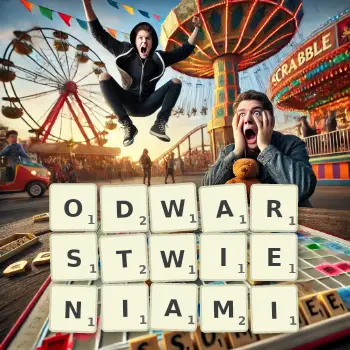 Kreatywna ilustracja do gry w Scrabble ze słowem ODWARSTWIENIAMI ułożonym z płytek na planszy.