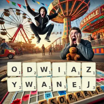 Kreatywna ilustracja do gry w Scrabble ze słowem ODWIAZYWANEJ ułożonym z płytek na planszy.