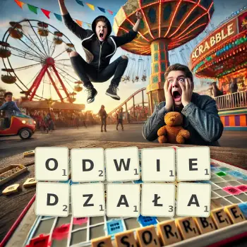 Kreatywna ilustracja do gry w Scrabble ze słowem ODWIEDZAŁA ułożonym z płytek na planszy.