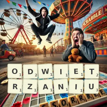 Kreatywna ilustracja do gry w Scrabble ze słowem ODWIETRZANIU ułożonym z płytek na planszy.
