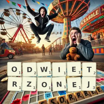 Kreatywna ilustracja do gry w Scrabble ze słowem ODWIETRZONEJ ułożonym z płytek na planszy.