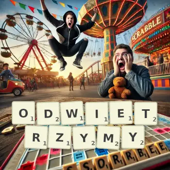 Kreatywna ilustracja do gry w Scrabble ze słowem ODWIETRZYMY ułożonym z płytek na planszy.
