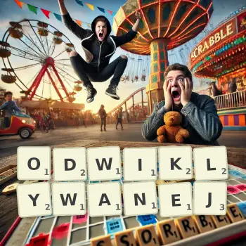 Kreatywna ilustracja do gry w Scrabble ze słowem ODWIKLYWANEJ ułożonym z płytek na planszy.