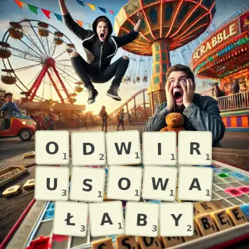 Kreatywna ilustracja do gry w Scrabble ze słowem ODWIRUSOWAŁABY ułożonym z płytek na planszy.