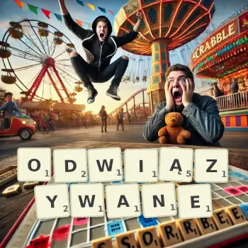 Kreatywna ilustracja do gry w Scrabble ze słowem ODWIĄZYWANE ułożonym z płytek na planszy.
