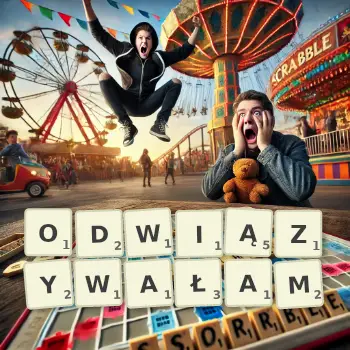 Kreatywna ilustracja do gry w Scrabble ze słowem ODWIĄZYWAŁAM ułożonym z płytek na planszy.
