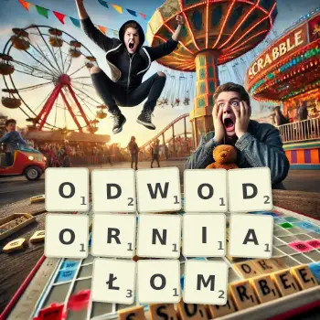 Kreatywna ilustracja do gry w Scrabble ze słowem ODWODORNIAŁOM ułożonym z płytek na planszy.
