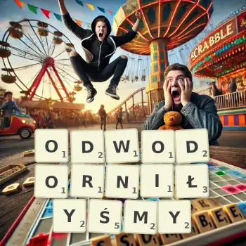 Kreatywna ilustracja do gry w Scrabble ze słowem ODWODORNIŁYŚMY ułożonym z płytek na planszy.
