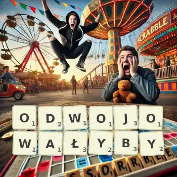 Kreatywna ilustracja do gry w Scrabble ze słowem ODWOJOWAŁYBY ułożonym z płytek na planszy.