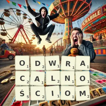 Kreatywna ilustracja do gry w Scrabble ze słowem ODWRACALNOŚCIOM ułożonym z płytek na planszy.