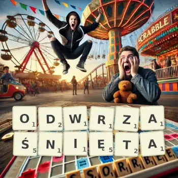 Kreatywna ilustracja do gry w Scrabble ze słowem ODWRZAŚNIĘTA ułożonym z płytek na planszy.