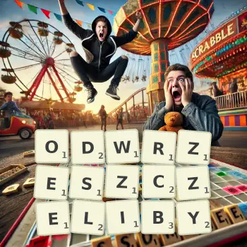 Kreatywna ilustracja do gry w Scrabble ze słowem ODWRZESZCZELIBY ułożonym z płytek na planszy.