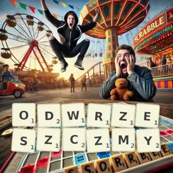 Kreatywna ilustracja do gry w Scrabble ze słowem ODWRZESZCZMY ułożonym z płytek na planszy.