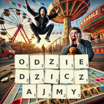 Kreatywna ilustracja do gry w Scrabble ze słowem ODZIEDZICZAJMY ułożonym z płytek na planszy.