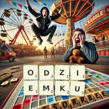 Kreatywna ilustracja do gry w Scrabble ze słowem ODZIEMKU ułożonym z płytek na planszy.