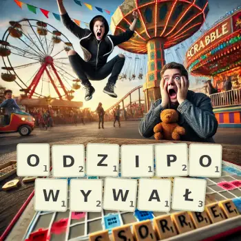 Kreatywna ilustracja do gry w Scrabble ze słowem ODZIPOWYWAŁ ułożonym z płytek na planszy.