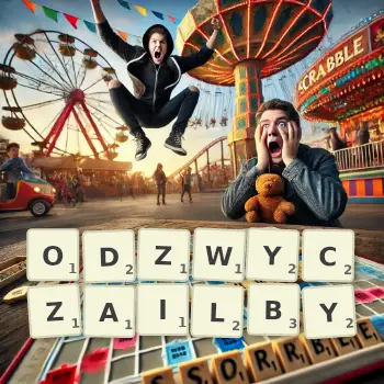 Kreatywna ilustracja do gry w Scrabble ze słowem ODZWYCZAILBY ułożonym z płytek na planszy.