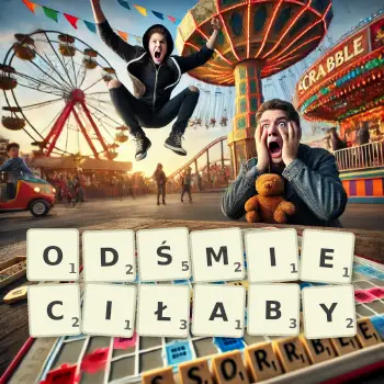 Kreatywna ilustracja do gry w Scrabble ze słowem ODŚMIECIŁABY ułożonym z płytek na planszy.