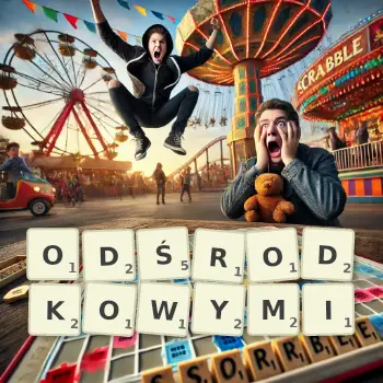 Kreatywna ilustracja do gry w Scrabble ze słowem ODŚRODKOWYMI ułożonym z płytek na planszy.