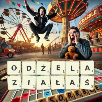 Kreatywna ilustracja do gry w Scrabble ze słowem ODŻELAZIAŁAŚ ułożonym z płytek na planszy.