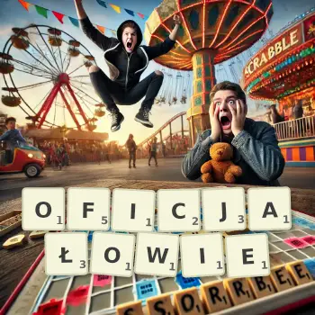 Kreatywna ilustracja do gry w Scrabble ze słowem OFICJAŁOWIE ułożonym z płytek na planszy.