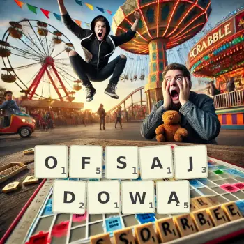 Kreatywna ilustracja do gry w Scrabble ze słowem OFSAJDOWĄ ułożonym z płytek na planszy.