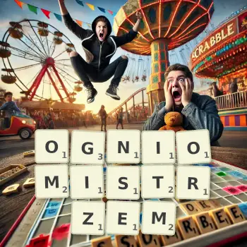 Kreatywna ilustracja do gry w Scrabble ze słowem OGNIOMISTRZEM ułożonym z płytek na planszy.