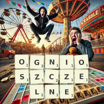 Kreatywna ilustracja do gry w Scrabble ze słowem OGNIOSZCZELNE ułożonym z płytek na planszy.