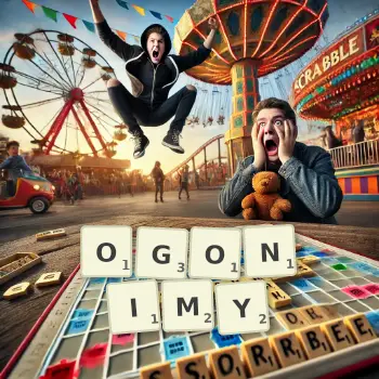 Kreatywna ilustracja do gry w Scrabble ze słowem OGONIMY ułożonym z płytek na planszy.