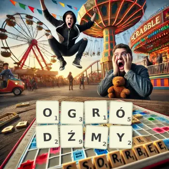 Kreatywna ilustracja do gry w Scrabble ze słowem OGRÓDŹMY ułożonym z płytek na planszy.