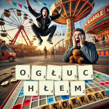 Kreatywna ilustracja do gry w Scrabble ze słowem OGŁUCHŁEM ułożonym z płytek na planszy.