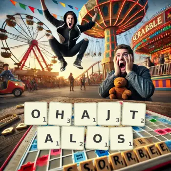 Kreatywna ilustracja do gry w Scrabble ze słowem OHAJTALOS ułożonym z płytek na planszy.