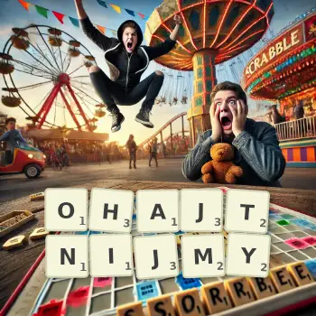 Kreatywna ilustracja do gry w Scrabble ze słowem OHAJTNIJMY ułożonym z płytek na planszy.