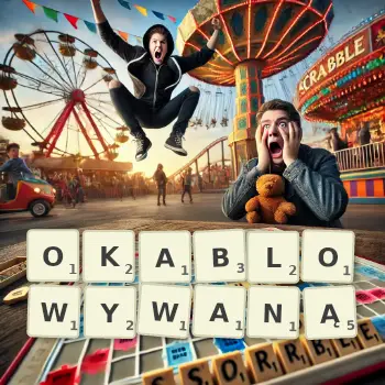 Kreatywna ilustracja do gry w Scrabble ze słowem OKABLOWYWANĄ ułożonym z płytek na planszy.