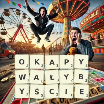 Kreatywna ilustracja do gry w Scrabble ze słowem OKAPYWAŁYBYŚCIE ułożonym z płytek na planszy.